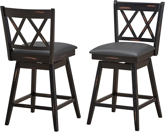 COSTWAY Bar Stool Set of 2, 360 ° Swivel Counter Height 25 inch Bar Stool with Foot Rest Upholstered Cushion & Ergonomic Backrest, Sturdy Frame, for Pub, Restaurant, Home (2, Black + Grey)