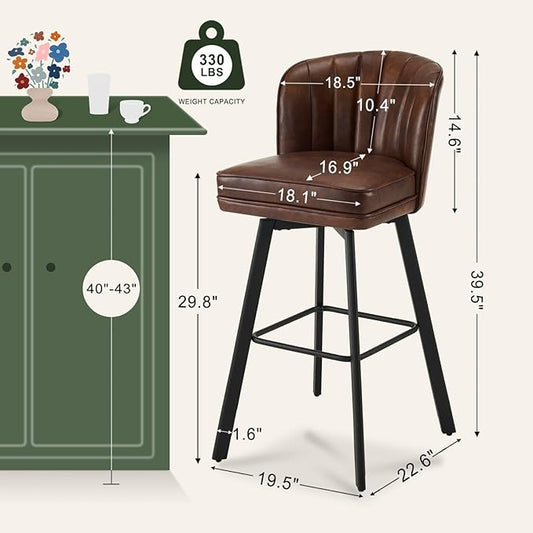 Swivel Counter Height Bar Stools Set of 2, 30'' Modern Barstools with Backs and Metal Legs, Upholstered Bar Chairs, Faux Leather Brown Stools for Kitchen Island Chairs