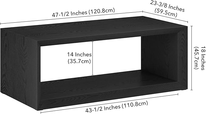 Henn&Hart 48" Rectangular Wood Coffee Table with Open Storage Shelf for Living Room, Family Room, or Office, Black Grain