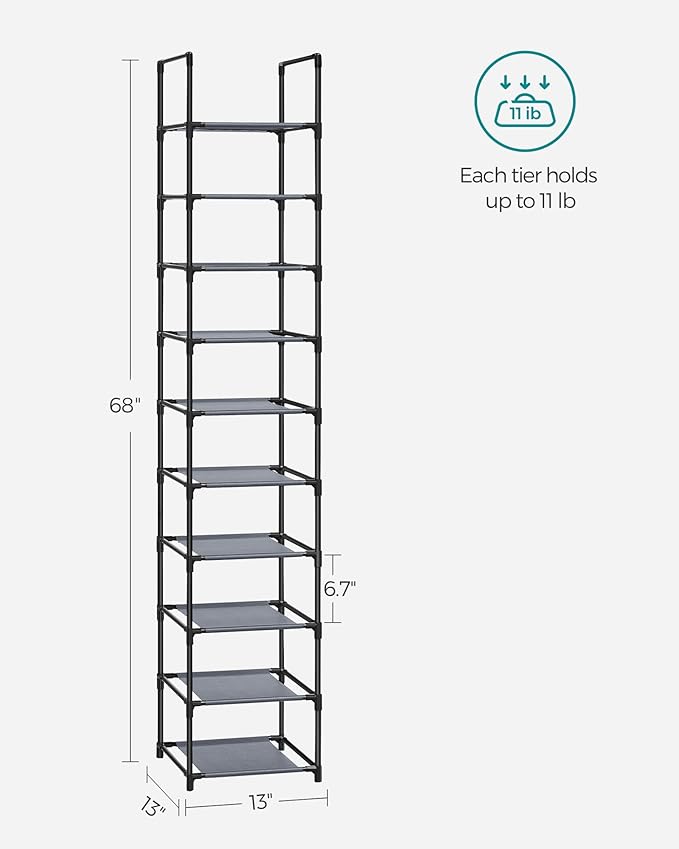 SONGMICS Shoe Rack, 10-Tier Shoe Shelf, Shoe Storage Organizer, 13 x 13 x 68 Inches, Metal Frame, Non-Woven Fabric Shelves, for Entryway, Bedroom, Gray ULSR110G01