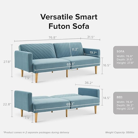 mopio 76.4" Futon Sofa Bed, Couch, Loveseat, Sleeper Sofa, Mid Century Modern Futon Couch, Sofa Cama, Couches for Living Room (Sky Blue Premium Velvet)