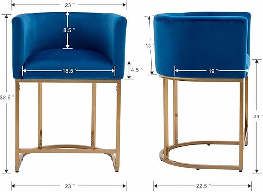 Contemporary Blue Velvet Bar Stools Set of 2, 24" Upholstered Fabric Counter Height Barstools Kitchen Counter Island Stools with Screwed Together Golden Metal Base