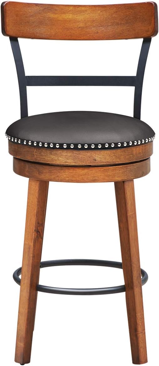 COSTWAY Bar Stools Set of 4, 360-Degree Swivel Stools with Leather Padded Seat, Single Slat Ladder Back & Solid Rubber Wood Legs, Counter Height Stools for Pub, Restaurant, Kitchen, Brown (4, 25.5)