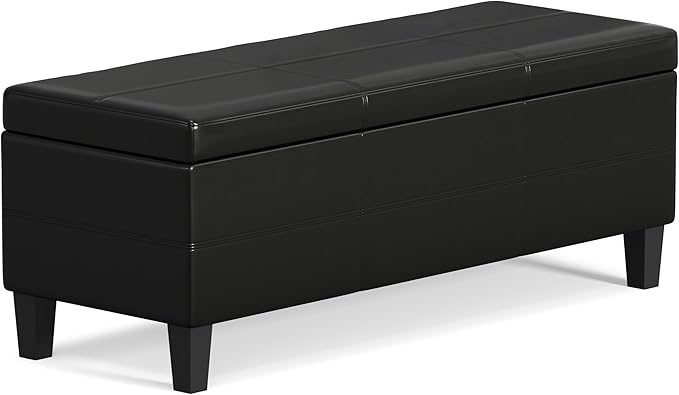 SIMPLIHOME Afton 48 inch Wide Contemporary Rectangle Storage Ottoman Bench in Midnight Black Vegan Faux Leather, Assembled, For the Living Room and Bedroom