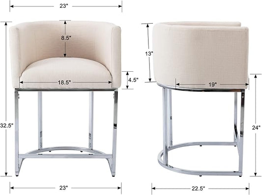Contemporary Cream Linen Bar Stool, 24" Upholstered Fabric Counter Height Barstool Kitchen Counter Island Stool with Screwed Together Chrome Finish Base