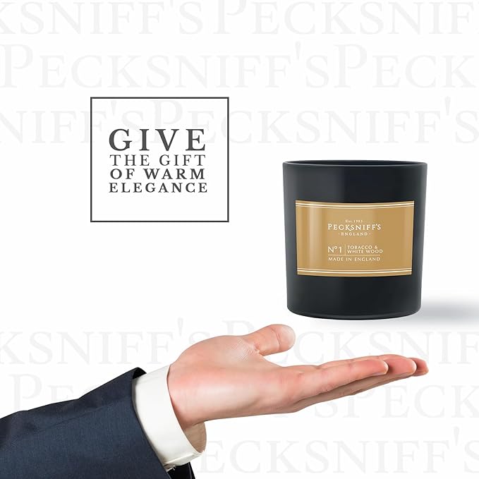 Pecksniff’s Tobacco & White Wood Scented Candle – 1 Wick, 184 g/6.49 oz – Oriental Luxury Fragrance – Black Glass Vessel – Made in England