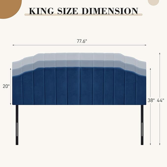 Upholstered Headboard Adjustable Height Queen/King Headboard Cream Velvet Tufted Modern Vertical Channel Design with Stepped Silhouette Top Edge(Blue King)