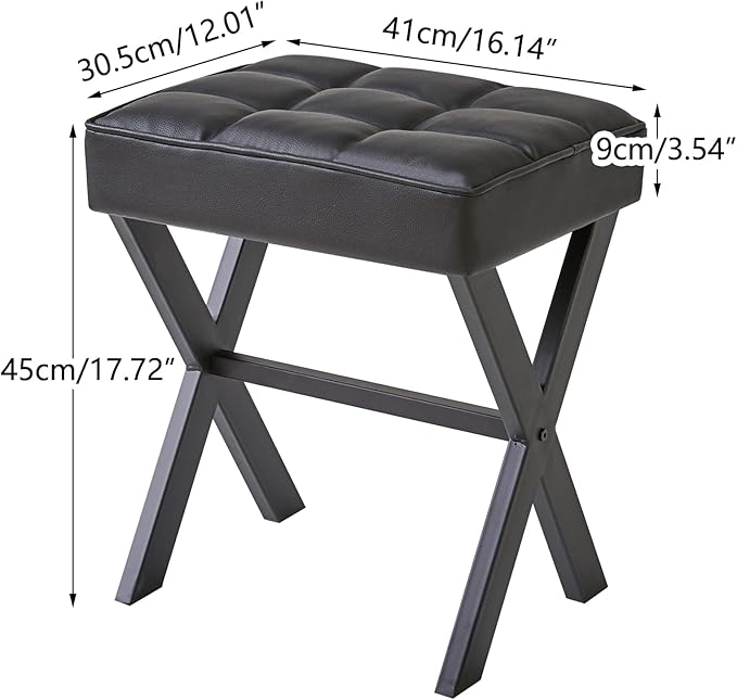 IBUYKE Square Makeup Stool with X-Leg Foot Rest, PU Footrest, Ottoman Seat Vanity Stool, Multi-Use as Small Side Table, for Bedroom, Living Room, Black LG-71B