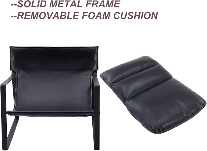 DUOMAY Mid-Century Accent Chair Armchair, Comfy PU Leather Leisure Chair Lazy Chair with Metal Leg for Living Room Bedroom Office Apartment, Black
