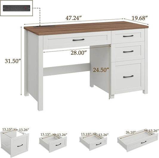 Vabches Farmhouse 47" Executive Desk, Computer Desk with File Drawer and Charging Station, Workstation for Home Office & Study.Off White