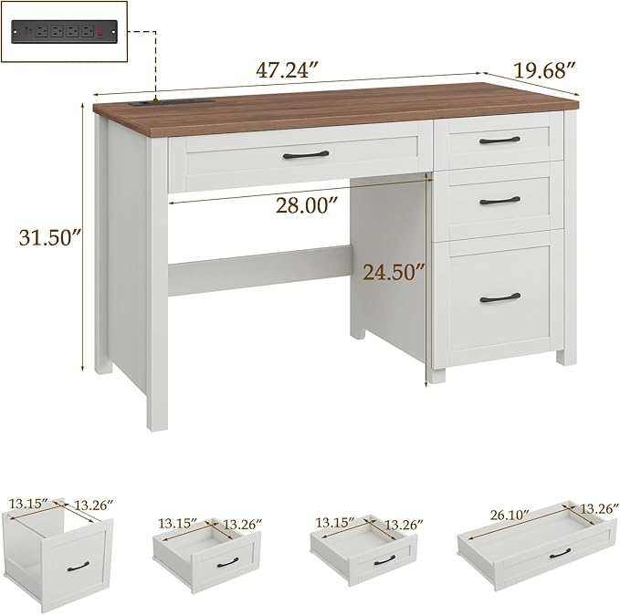 Vabches Farmhouse 47" Executive Desk, Computer Desk with File Drawer and Charging Station, Workstation for Home Office & Study(Off White