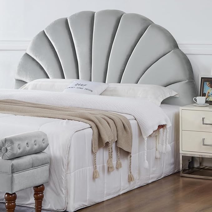 24KF Stunning Crown Design King Headboard, Upholstered Soft Velvet Petal Pattern Headboard King/CA King-Gray