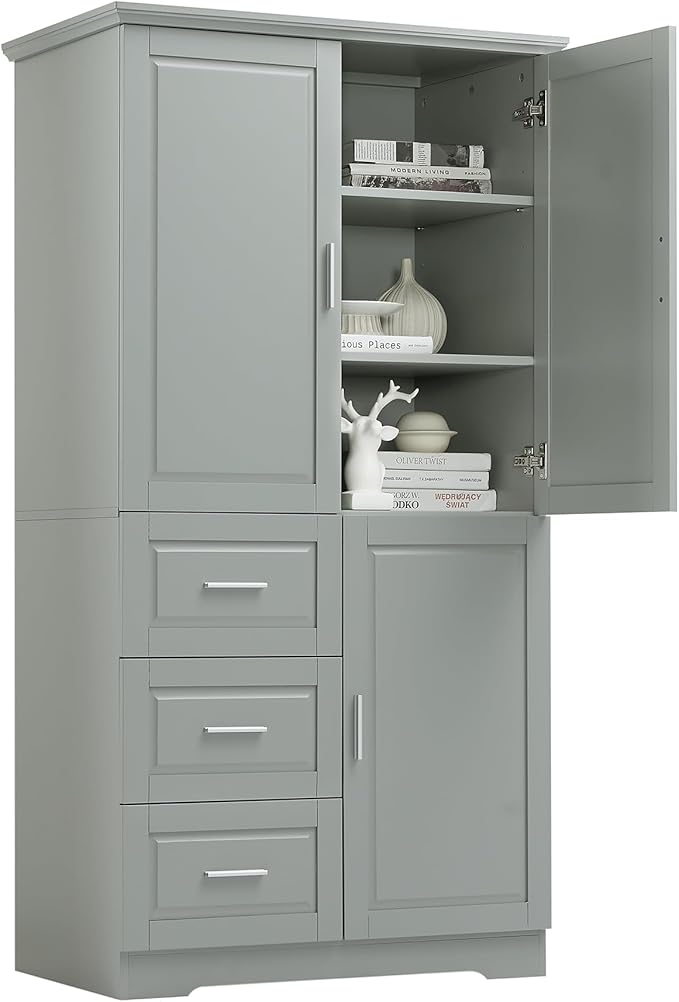 Merax 62.2" Wide Storage Cabinet Pantry Cupboard with Doors and Drawers for Home Kitchen, Bathroom and Living Room, Adjustable Shelf, White