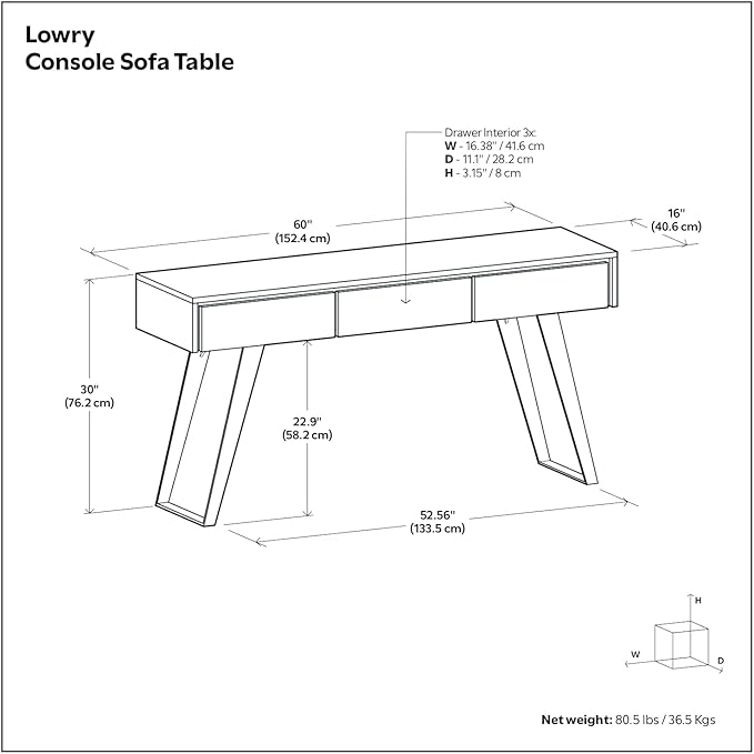 SIMPLIHOME Lowry Console Table - 60 Inch Wide Solid Acacia Wood Sofa Table in Distressed Charcoal Brown, Modern Industrial Storage Table for Living Room with 3 Drawers and Angled Metal Legs
