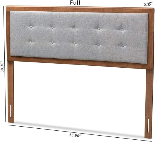Mid-Century Marvel Fabric Upholstered Walnut Brown Finished Wood Headboard, Wall Mount Headboard Queen/Light Gray