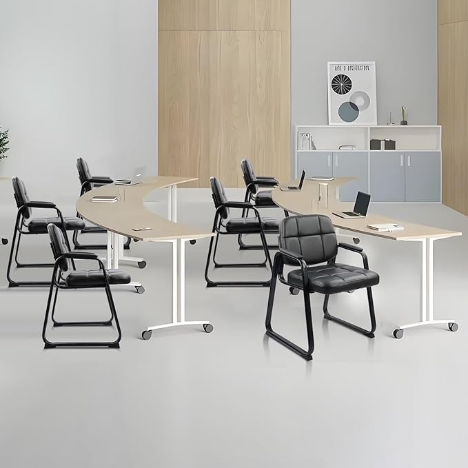 CLATINA Waiting Room Chairs no Wheels with Padded Arms Leather Guest Chair for Office Reception and Conference Desk with Sled Base Black, 4PK