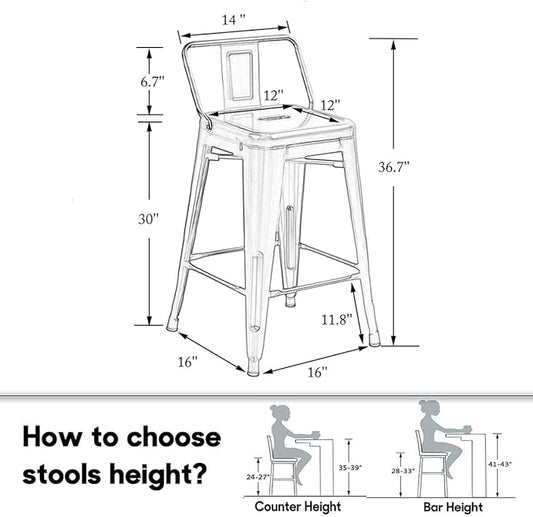HAOBO Home Metal Bar Stools Set of 2 Low Back Counter Height Barstools 30" Industrial Barstool Patio Stool Metal Kitchen Stools Bar Chairs for Indoor Outdoor
