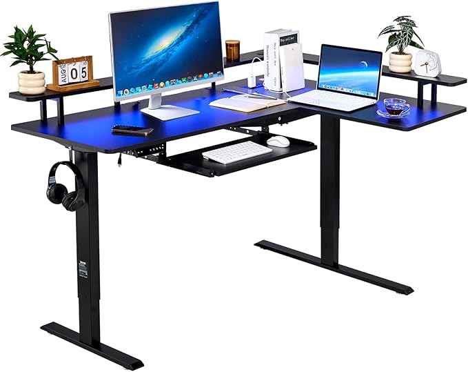 VEVOR L Shaped Desk, Electric Adjustable Height Corner Gaming Desk with Keyboard Tray and Dual Hooks, Heavy Duty L-Shaped Computer Table with Light Strip for Home Office, Easy to Assemble, Black