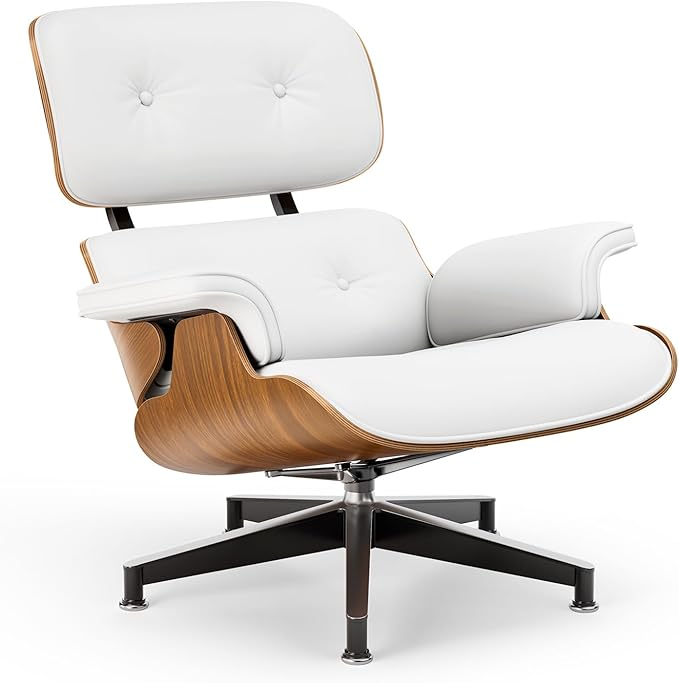 Top White PU Leather, Mid Century Chaise Lounge Chair and Ottoman, Modern Chair Classic Design, Walnut Wood, Heavy Duty Base Support for Living Room Office