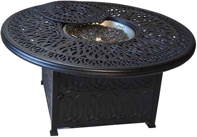 Grand Tuscany Outdoor Patio 7 pcs Round Fire Gas 52" Dining Set Dark Bronze Cast Aluminum Sunbrella Cushions (Set with 6 Regular Chairs)