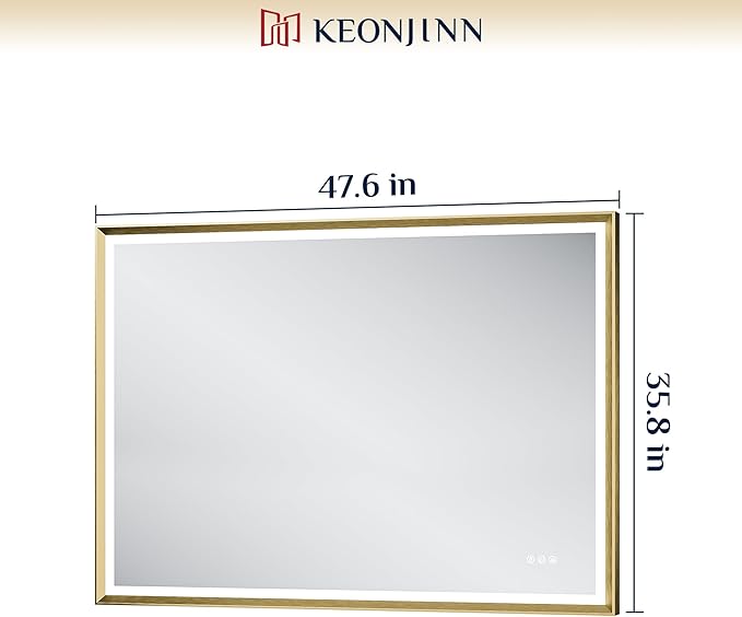 Keonjinn 48” x 36” LED Bathroom Mirror with Frontlit & Backlit, Gold Metal Framed Lighted Mirror with Stepless Dimmable 3-Color Temperatures, Anti Fog, UL-Listed Driver, No Dark Corner