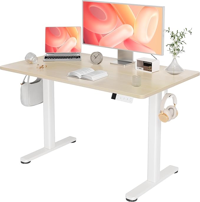 YDN Electric Standing Desk Adjustable Height, 48 x 24 Inches Stand up Desk with Cable Management, Home Office Desks with Splice Board & White Frame, Nature Top