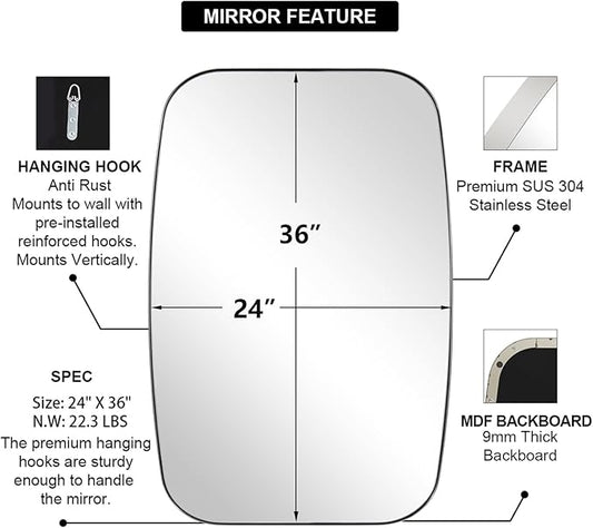 ANDY STAR Chrome Bathroom Mirror, 24x36 Inch Polished Chrome Oval Mirror for Bathroom with Stainless Steel Metal Frame, Oblong Mirror for Living Room, Entryway