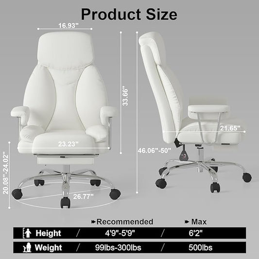 Big and Tall Office Chair, Executive Home Office Desk Chair, Comfy Leather High-Back Reclining Computer Chair with Retractable Footrest and Padded Arms, 360°Swivel Rolling Wheels, Wide Seat, White