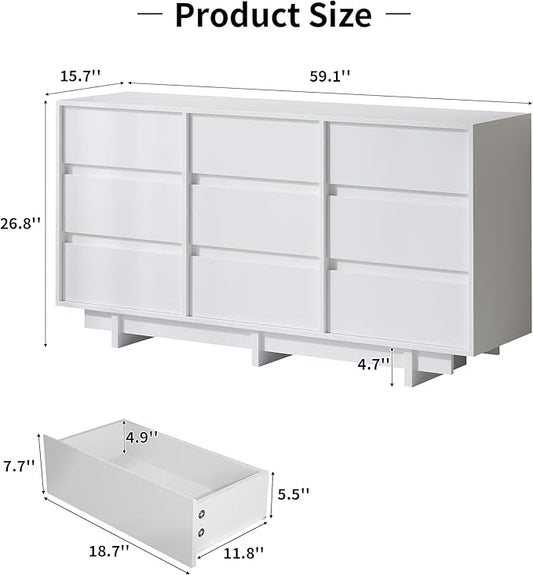 White Dresser for Bedroom, 59" Wide 9 Drawer Dresser, Mid Century Modern Dressers Chest of Drawers, Wooden Large Dressers for Bedroom, Closet