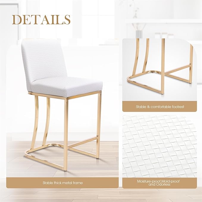 Sophia & William Creamy White & Gold Counter Height 2 Bar Stools Set - Farmhouse Style with Back, Modern Faux Leather Upholstered