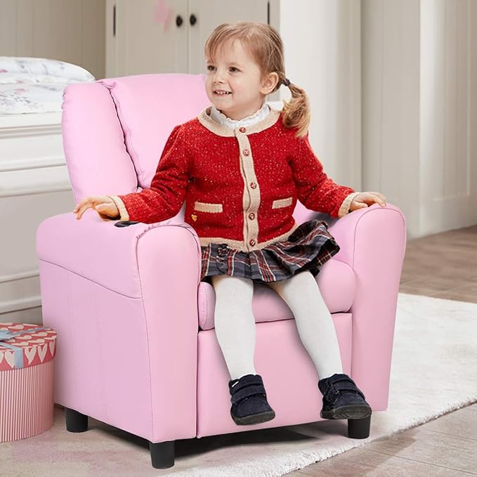 Costzon Kids Recliner Chair with Cup Holder, Toddler Room Furniture Children Armrest Sofa w/Headrest & Footrest for Girls Boys Baby Bedroom, PU Leather Couch (Pink)