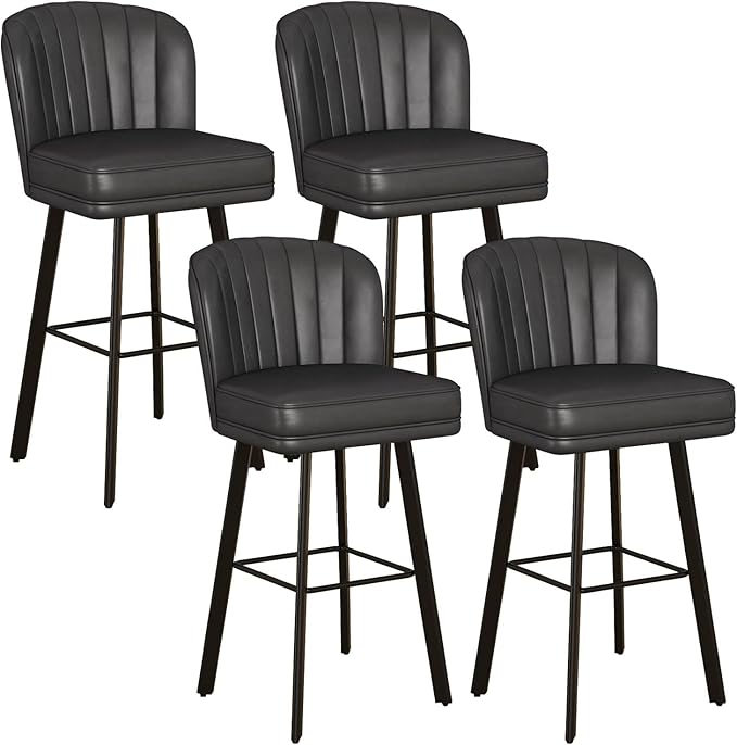 Swivel Counter Height Bar Stools Set of 4, 30'' Modern Barstools with Backs and Metal Legs, Upholstered Bar Chairs, Faux Leather Black Stools for Kitchen Island Chairs
