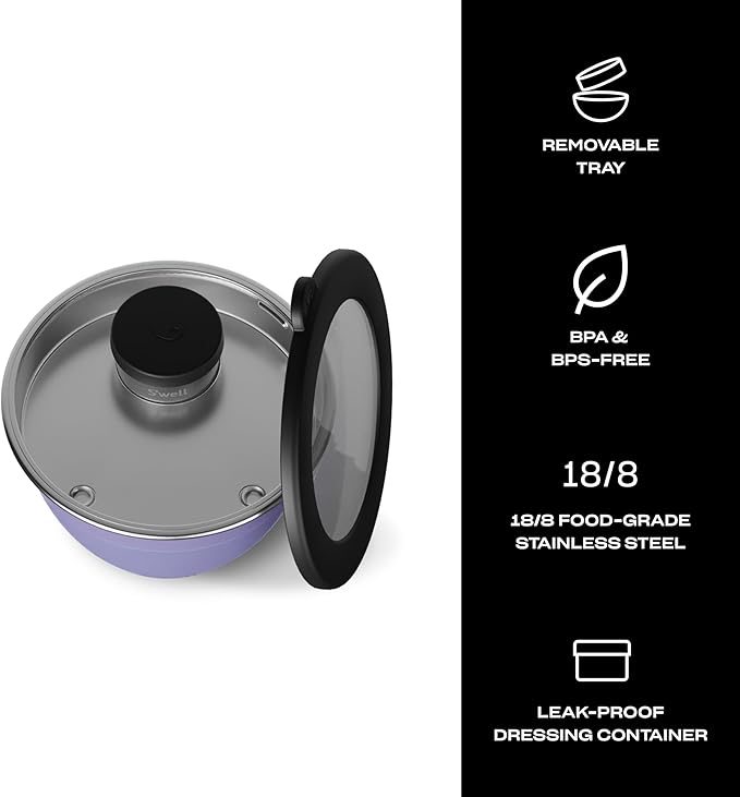 S'well Stainless Steel Salad Bowl Kit 64oz, Hillside Lavender, Comes with 2oz Mini Canister and Removable Tray for Organization, Leakproof, Easy to Clean, Dishwasher Safe