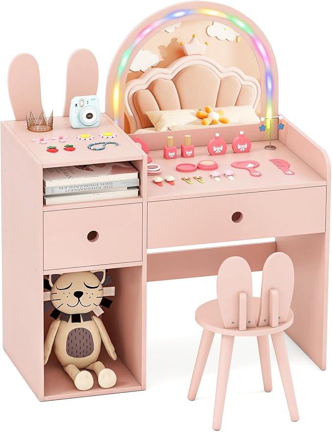 Costzon Kids Vanity, Girls Vanity Set with Mirror and Stool and Lights, Drawers & Storage Compartments, Toddler Makeup Vanity Desk Dressing Table, Wooden Kids Vanity Table and Chair Set (Pink)