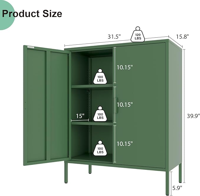 Green Metal Cabinet,Bathroom Floor Storage Cabinet,40"H Small Cabinets With Doors,2 Door Metal Towel Freestanding Cabinet For Small Spaces,Two Door Hallway Short Cupboard,Low Cabinet For Living Room