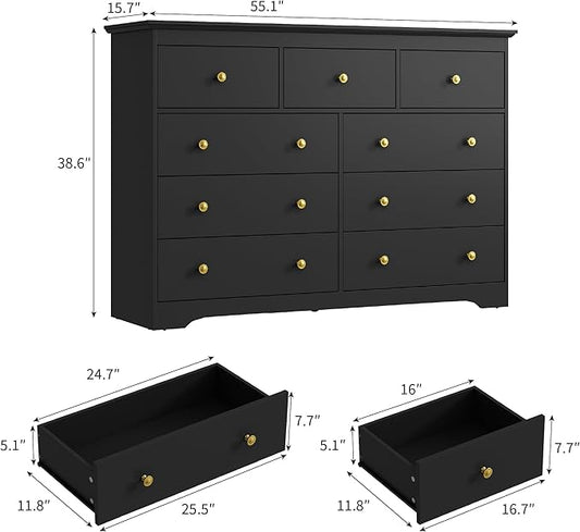 Black Dresser for Bedroom, 9 Drawer Dresser with Large Drawers, 55 Inch Wide Wood Chest for Living Room, Hallway