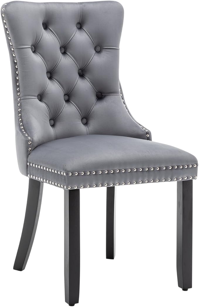 Velvet Dining Chairs Set of 2, Tufted Dining Room Chairs with Nailhead Ring Pull Trim, Upholstered Dining Chairs with Solid Wood Legs for Kitchen Dining Room, Sillas De Comedor (Grey)