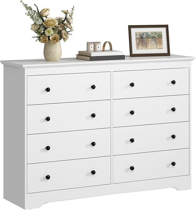 LYNSOM Modern 8 Drawer Dresser, 55.1" Wide Dressers & Chests of Drawers with Large Capacity Storage, Mid Century White Dresser for Bedroom, Hallway, White