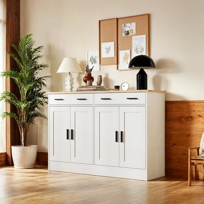 White Sideboard Buffet with 4 Doors & 2 Drawers, Accent Coffee Bar, Kitchen Cabinet for Living Room, Kitchen or Hallway