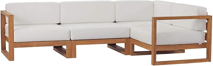 Modway EEI-4253-NAT-WHI-SET Upland Patio Teak Wood 4-Piece Sectional Sofa Set, Natural White