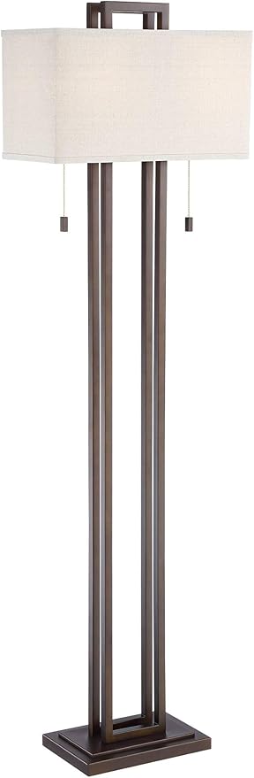 Possini Euro Design Modern Standing Floor Lamp 62" Tall Bronze Brown Openwork Frame 2-Light Oatmeal Linen Fabric Rectangular Shade Decor for Living Room Reading House Bedroom Home Office House