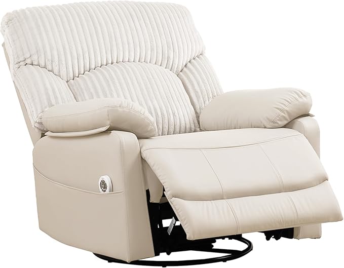Power Swivel Rocker Recliner Chair with Massage and Heat for Adults, Electric Infinite Position Recliner with USB Charging Port, Corduroy and PU Leather Mixed Fabric, Easy Assembly (Ivory)
