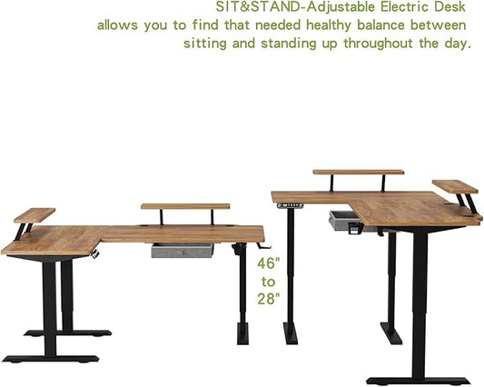 Radlove 63-Inch Large Electric Height Adjustable Computer L-Shaped Desk with Memory Controller Corner Standing Desk Modern Workstation with Splice Board Ergonomic Desk (Black Frame + Rustic Brown Top)