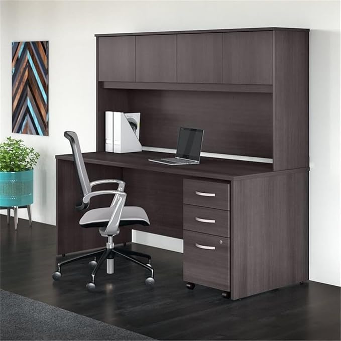 Pemberly Row Engineered Wood 72W Office Desk with Hutch and Drawers in Gray