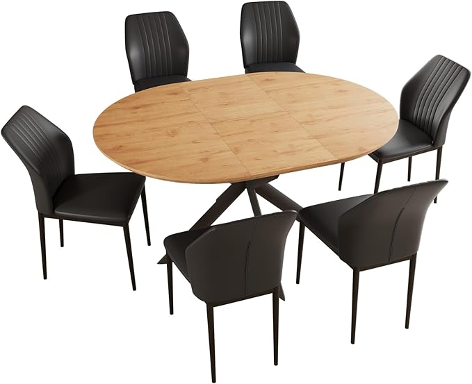 43.2"-59.1" Extendable Dining Table Set with Metal Legs, Wooden Round Kitchen Table for 4-6 Person, Oak Coffee Table w/Easy-Clean Tabletop