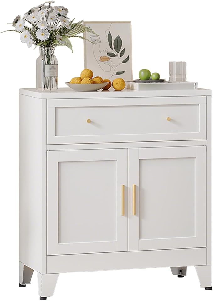 Metal Sideboard Cabinet, Buffet Storage Cabinet, Coffee Bar with Big Drawer and Adjustable Shelf for Kitchen, Dining Room, Living Room (White, 35.4" H-Sideboard)
