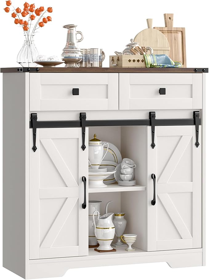 Farmhouse Storage Cabinet, Bathroom Cabinet with 2 Sliding Barn Doors, Floor Storage Cabinets with Adjustable Shelves and 2 Drawers for Kitchen, Living Room, Dining Room, White