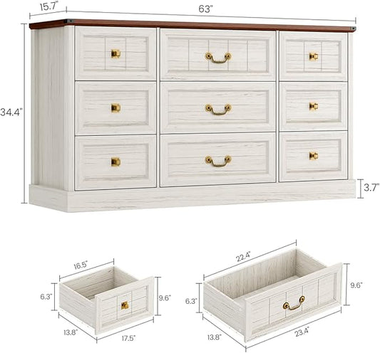 AOGLLATI Farmhouse 9 Drawers Dresser for Bedroom, 63" Wide Wood Rustic Chest of Drawers with Natural Texture, Vintage Design, Long Wide Storage Dresser for Bedroom, Antique White