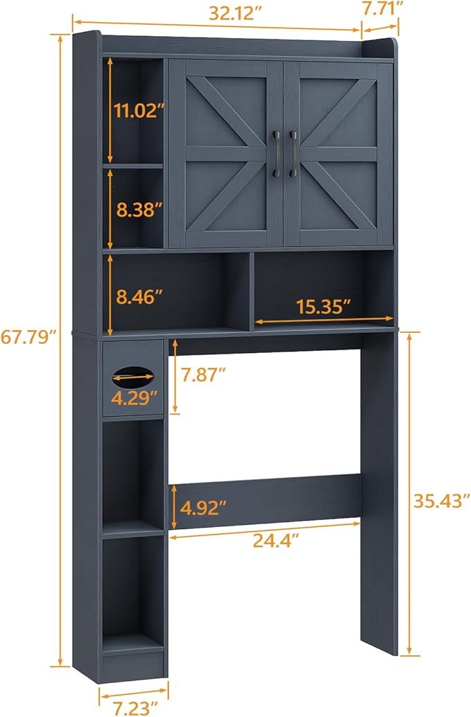 Vabches Over The Toilet Storage Cabinet, Farmhouse Storage Cabinet Over Toilet with 2 Barn Door & Toilet Paper Holder Stand,Home Space-Saving Toilet Rack, for Bathroom, Restroom, Laundry,Blue
