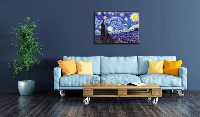 Wieco Art Framed Art Canvas Prints of Starry Night by Vincent Van Gogh Paintings Reproduction Post-Impressionism Artwork Framed Wall Art for Living Room Home Decorations Black